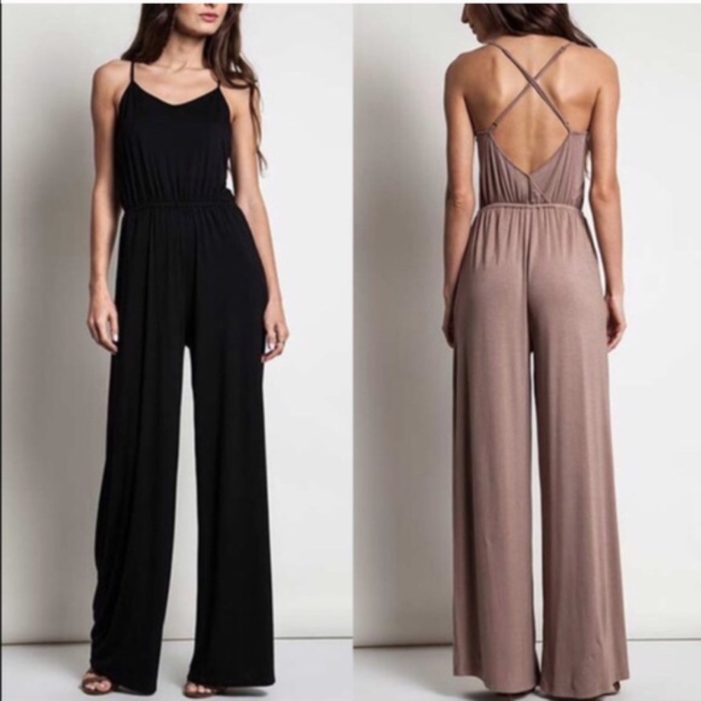 Boho Mocha Criss Cross wide Leg Jumpsuit - Picture 2 of 3